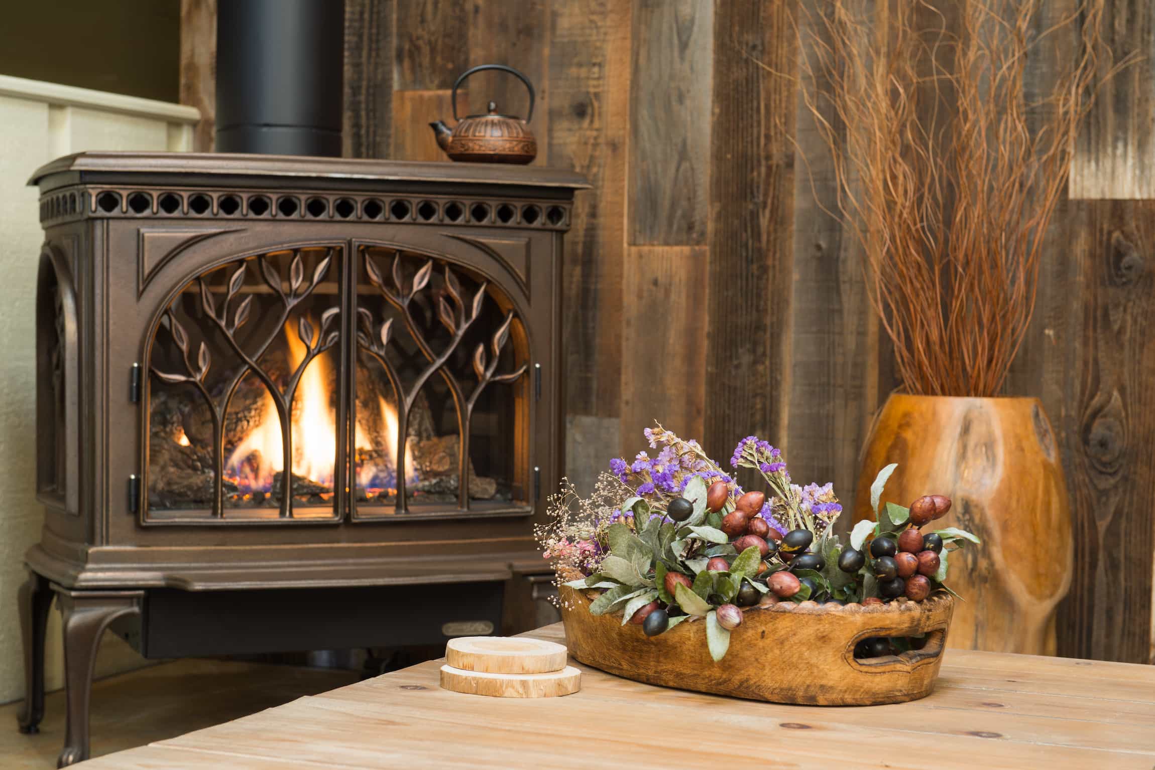 A fireplace warms the Creekside Suite at Country Willows Inn and Estate in Ashland, Oregon.